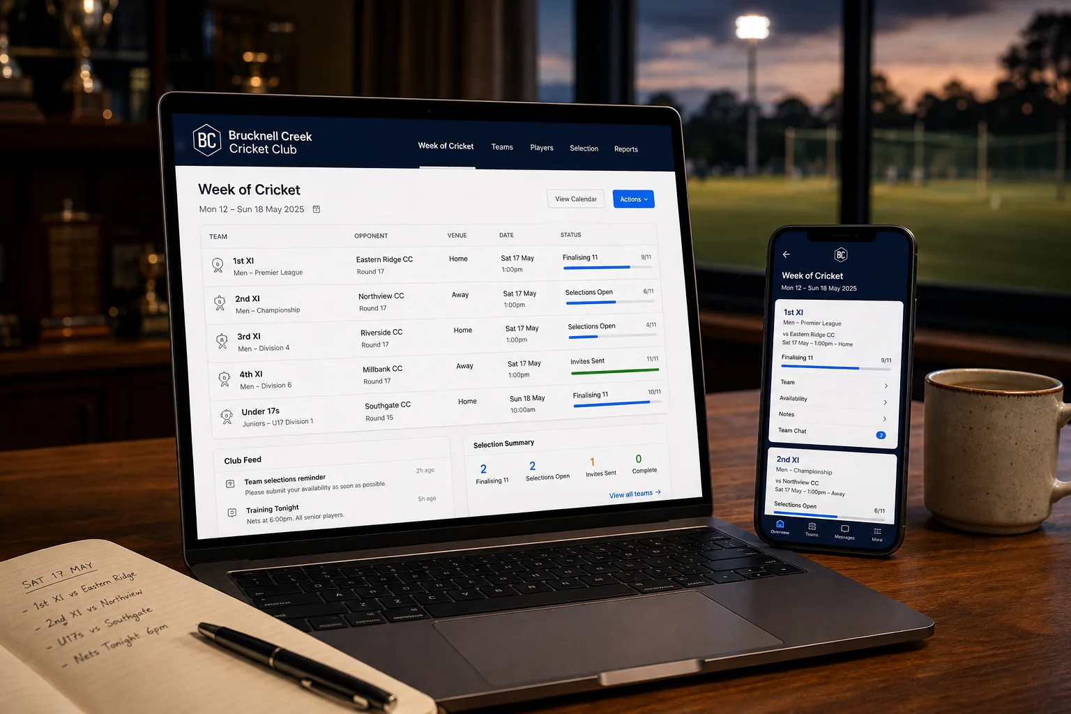 ClubHub Team Selection shown on a laptop and phone in a cricket clubroom.