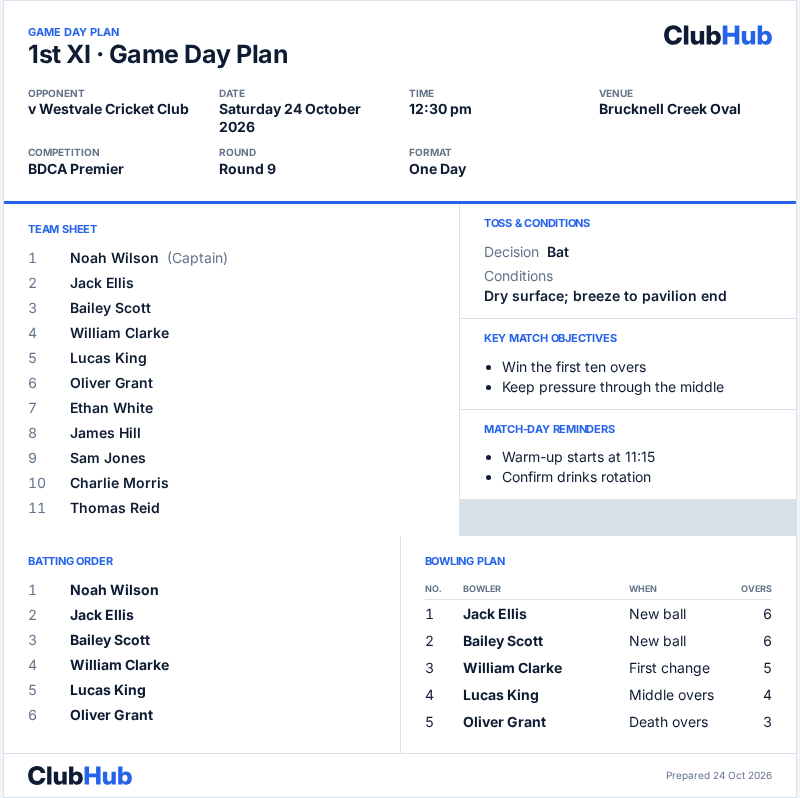 Current printable ClubHub Game Day Plan.