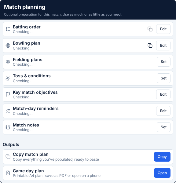 Current ClubHub Match Planning workspace for a finalised team.